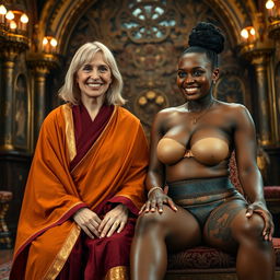 Inside an opulent medieval room, a joyful 45-year-old blonde woman with medium-length hair, blue eyes, and a radiant smile wears a long, wide Buddhist cloak decorated with gold edges