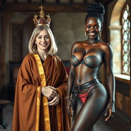 In a medieval room, a happy 45-year-old blonde woman with medium-length hair, blue eyes, and a joyful smile stands confidently