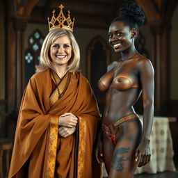 In a medieval room, a happy 45-year-old blonde woman with medium-length hair, blue eyes, and a joyful smile stands confidently