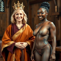 In a medieval room, a happy 45-year-old blonde woman with medium-length hair, blue eyes, and a joyful smile stands confidently