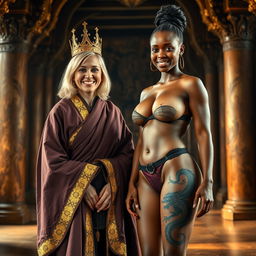 In a medieval chamber, a cheerful 45-year-old blonde woman with medium-length hair and blue eyes smiles happily, dressed in a long, wide Buddhist cloak adorned with gold edges and wearing a golden crown on her head