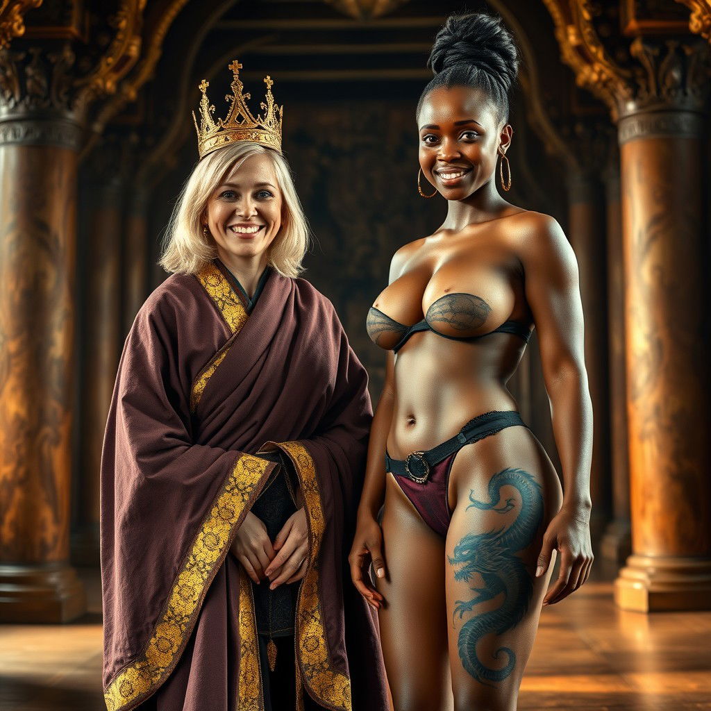 In a medieval chamber, a cheerful 45-year-old blonde woman with medium-length hair and blue eyes smiles happily, dressed in a long, wide Buddhist cloak adorned with gold edges and wearing a golden crown on her head