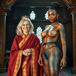 In a medieval chamber, a cheerful 45-year-old blonde woman with medium-length hair and blue eyes smiles happily, dressed in a long, wide Buddhist cloak adorned with gold edges and wearing a golden crown on her head