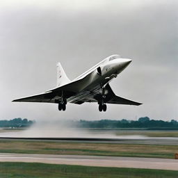 A Concorde airplane taking off from a runway, with engines roaring and heat distortion visible