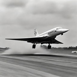 A Concorde airplane taking off from a runway, with engines roaring and heat distortion visible