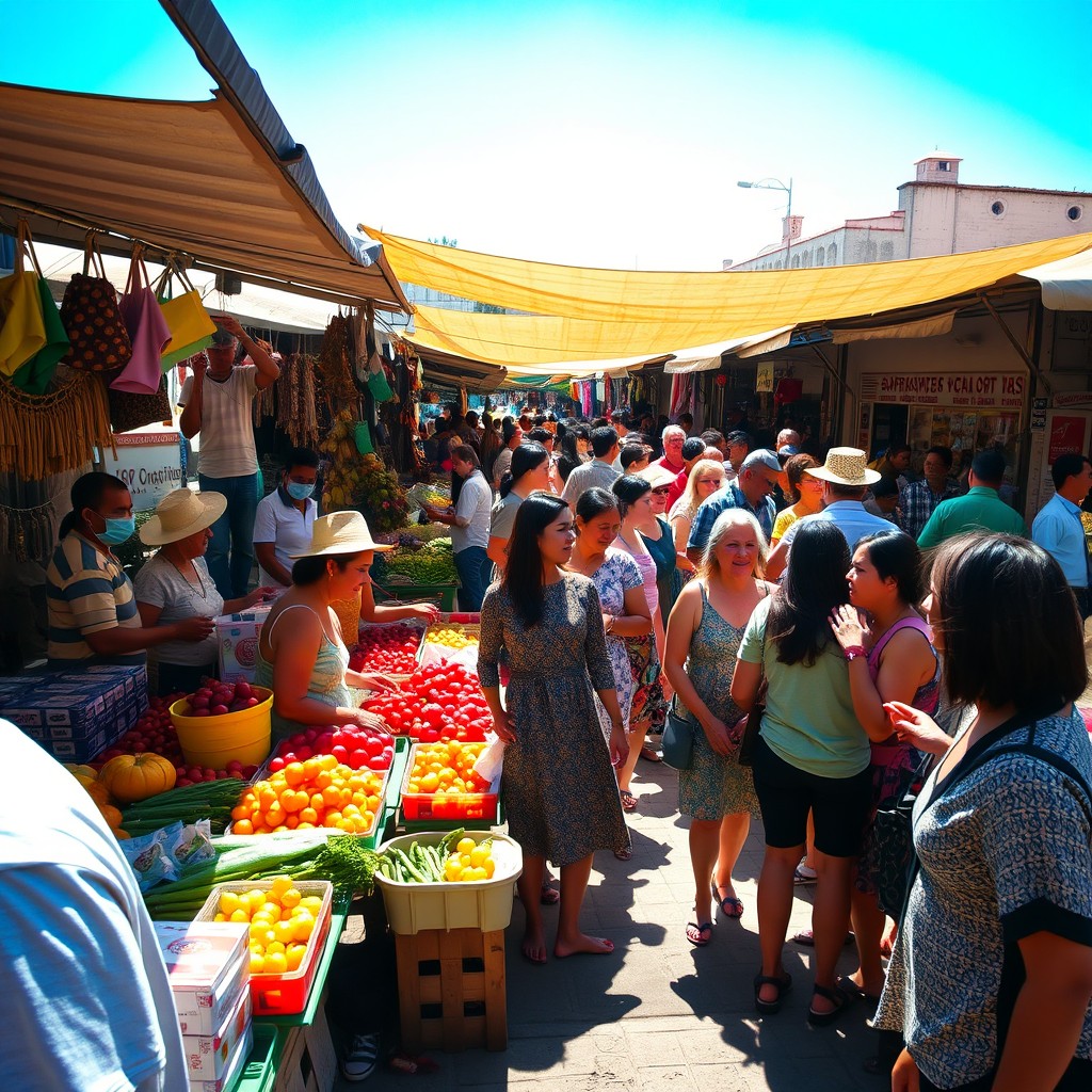 A scene in a bustling marketplace, filled with vibrant colors and lively atmosphere