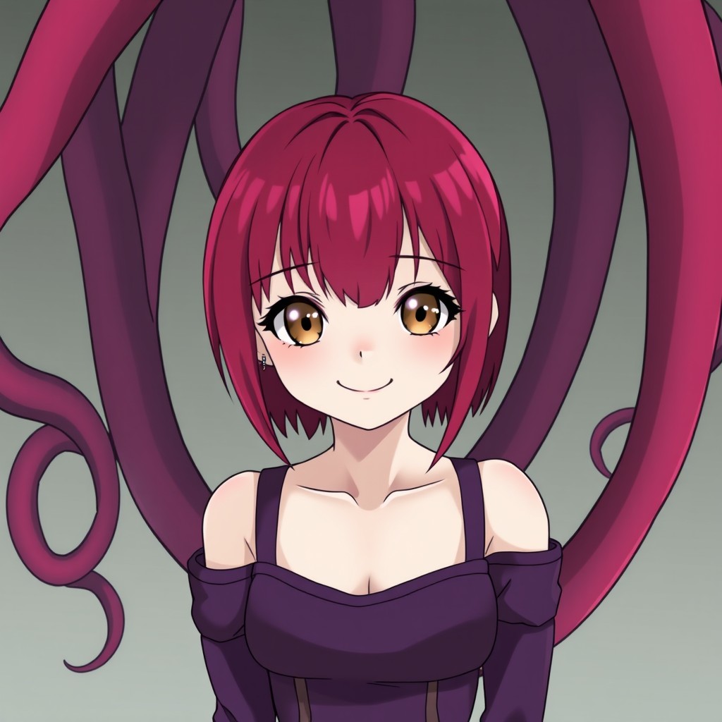 An anime girl with pale white skin, medium straight magenta hair, and brown eyes