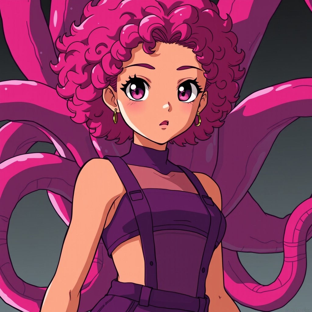 An anime girl with tanned skin, fluffy curly magenta hair, and pinkish-purple eyes