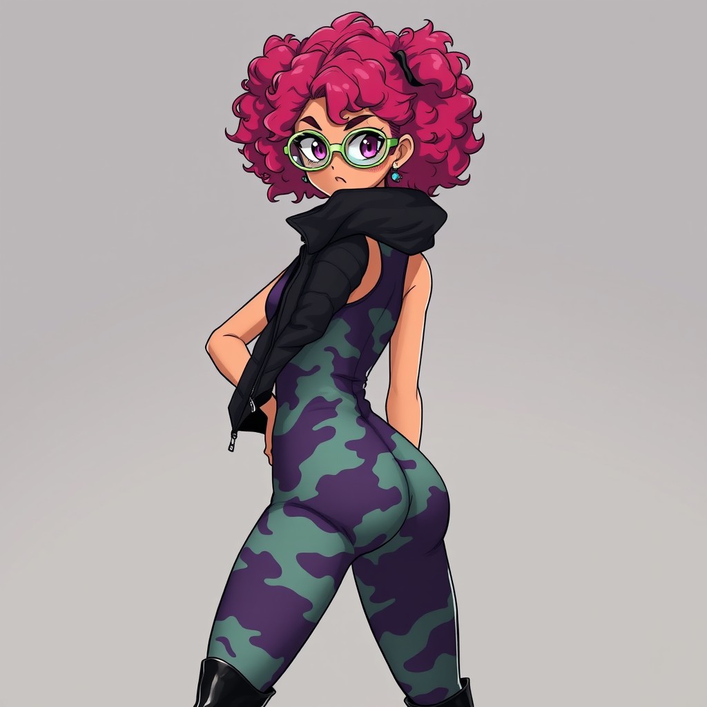 An anime girl with tanned skin and fluffy curly magenta hair