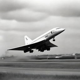 A Concorde airplane taking off from a runway, with engines roaring and heat distortion visible