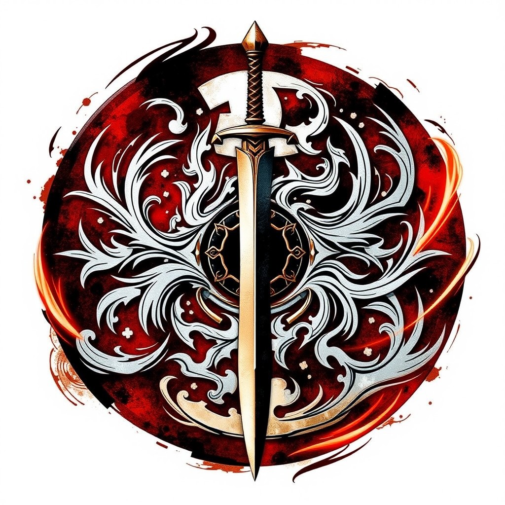 An elaborate symbol representing the 'Espadachim Marcial' from Dungeons & Dragons, featuring a stylized sword at its center surrounded by intricate martial arts motifs