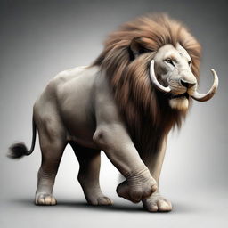 An incredible creature combining a lion and an elephant, featuring the strong, muscular body of a lion with its flowing mane, and the large, rounded ears and long, powerful trunk of an elephant.