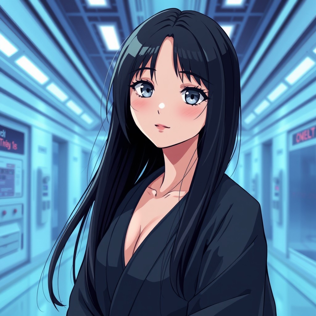 A beautiful girl with long black hair and grey eyes, portrayed in a full-body view