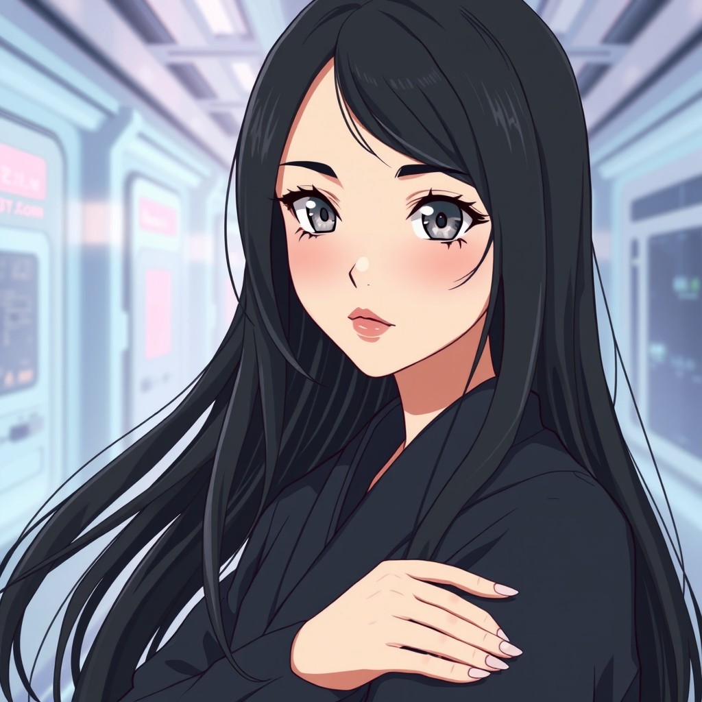 A stunning girl depicted in a flat color style, with long black hair and striking grey eyes, shown in a full-body view