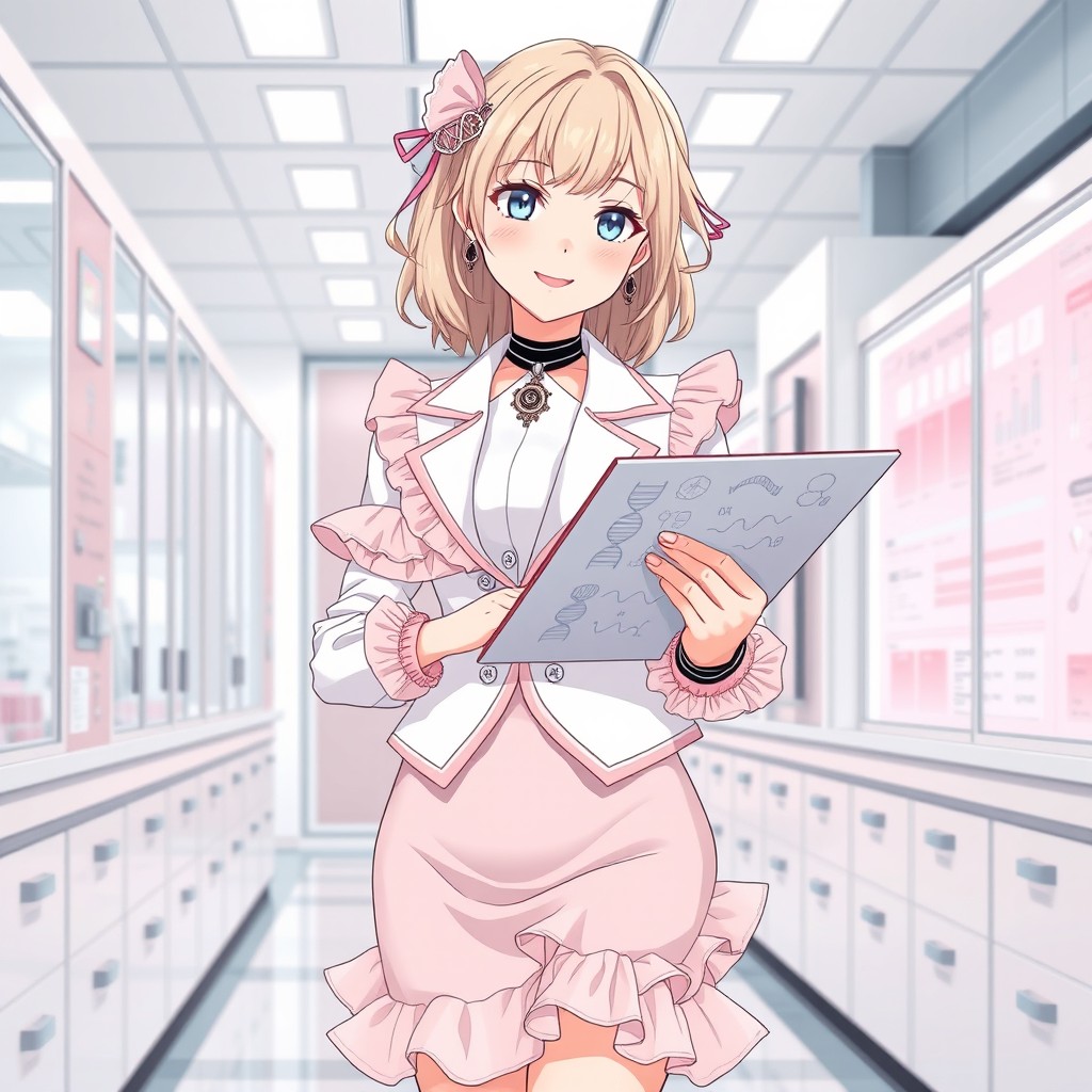 A highly skilled female geneticist in a fullbody standing pose, featuring ash-blonde hair accented with pastel-pink, styled with a DNA hairpin and a helix ribbon
