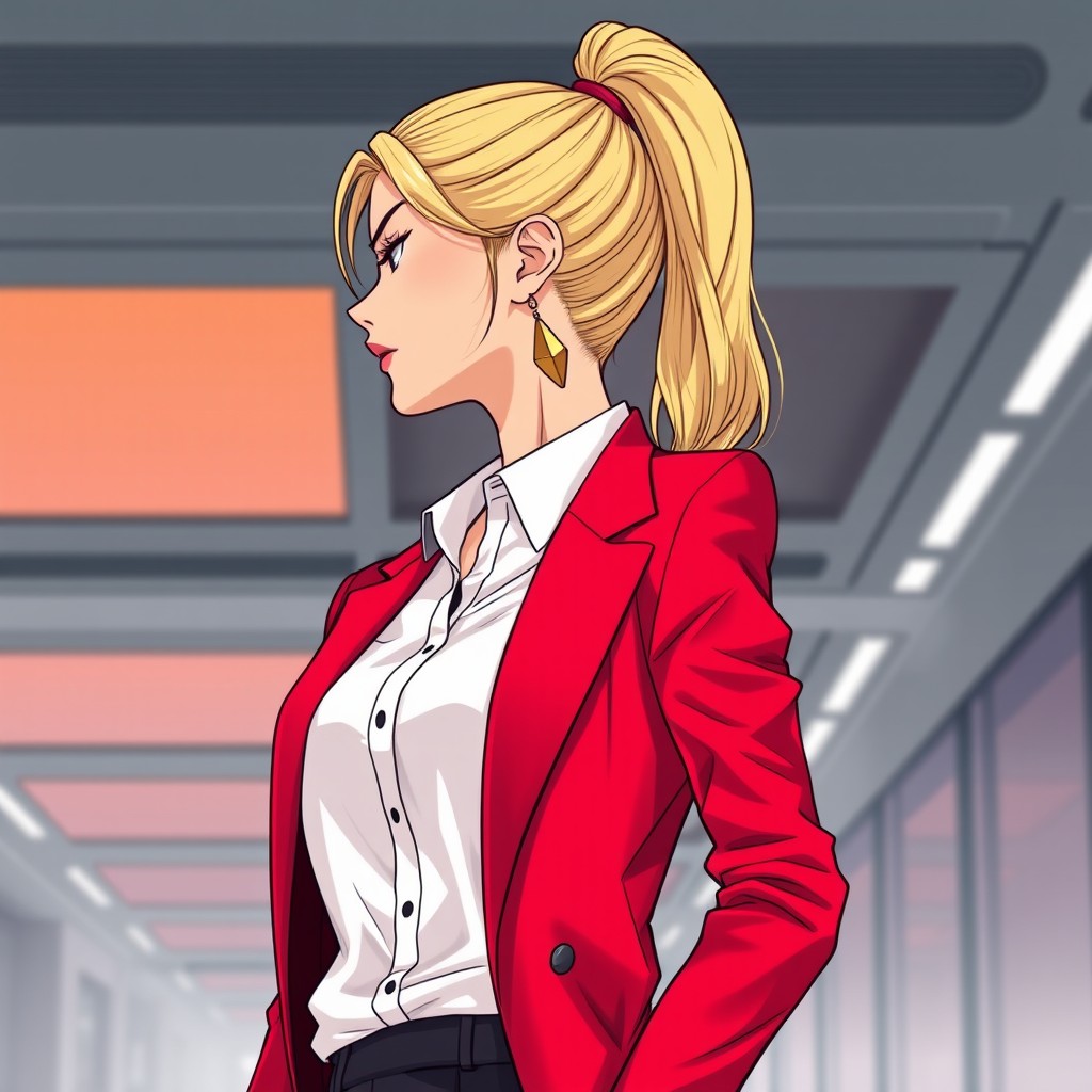 A woman in a waist-up shot, featuring blonde hair styled in a high ponytail