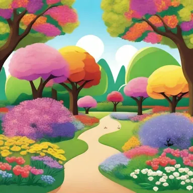 The cartoon depicted a plenteous garden with colorful flowers and bountiful trees.