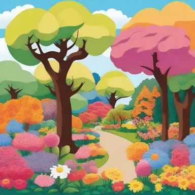 The cartoon depicted a plenteous garden with colorful flowers and bountiful trees.