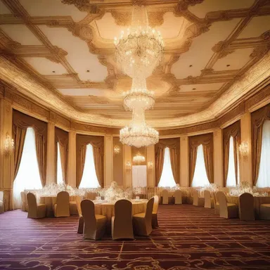 The grand ballroom was embellished with plenteous chandeliers and luxurious furnishings.