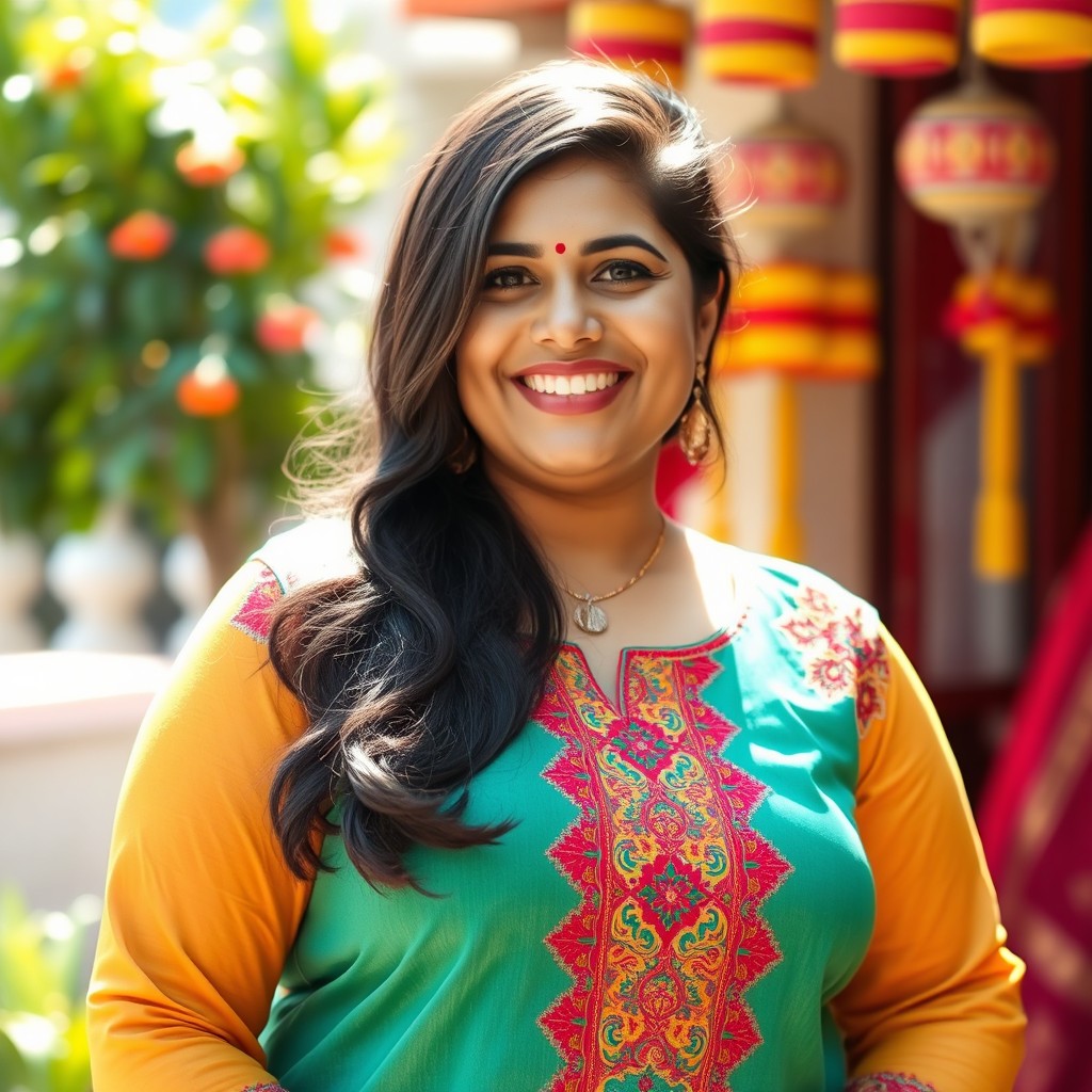 A lovely Indian woman with a joyful smile, wearing a traditional and vibrant salwar kameez