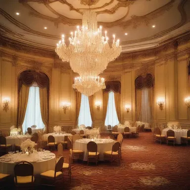 The grand ballroom was embellished with plenteous chandeliers and luxurious furnishings.