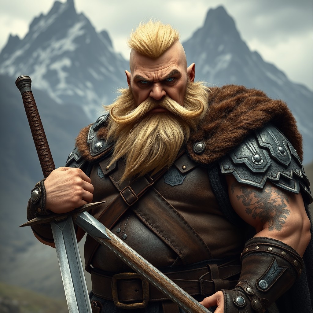 A chubby warrior in his mid-40s, standing 180cm tall, adorned in rugged leather armor
