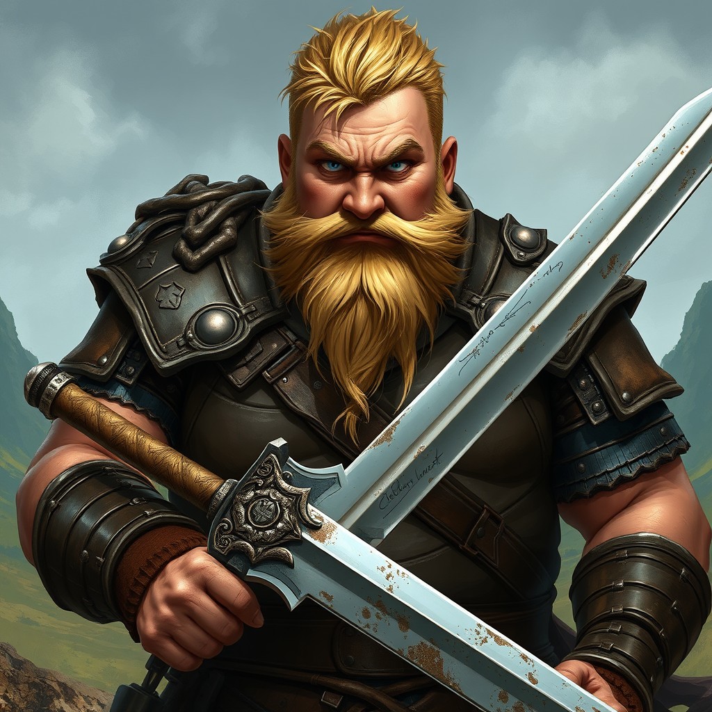A chubby warrior in his mid-40s, standing 180cm tall, wearing rugged leather armor