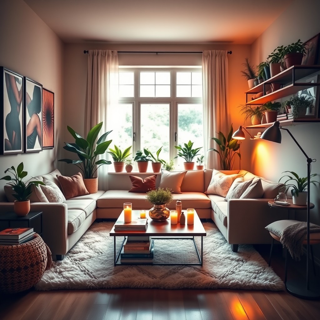 A cozy and stylish living room that is warm and inviting