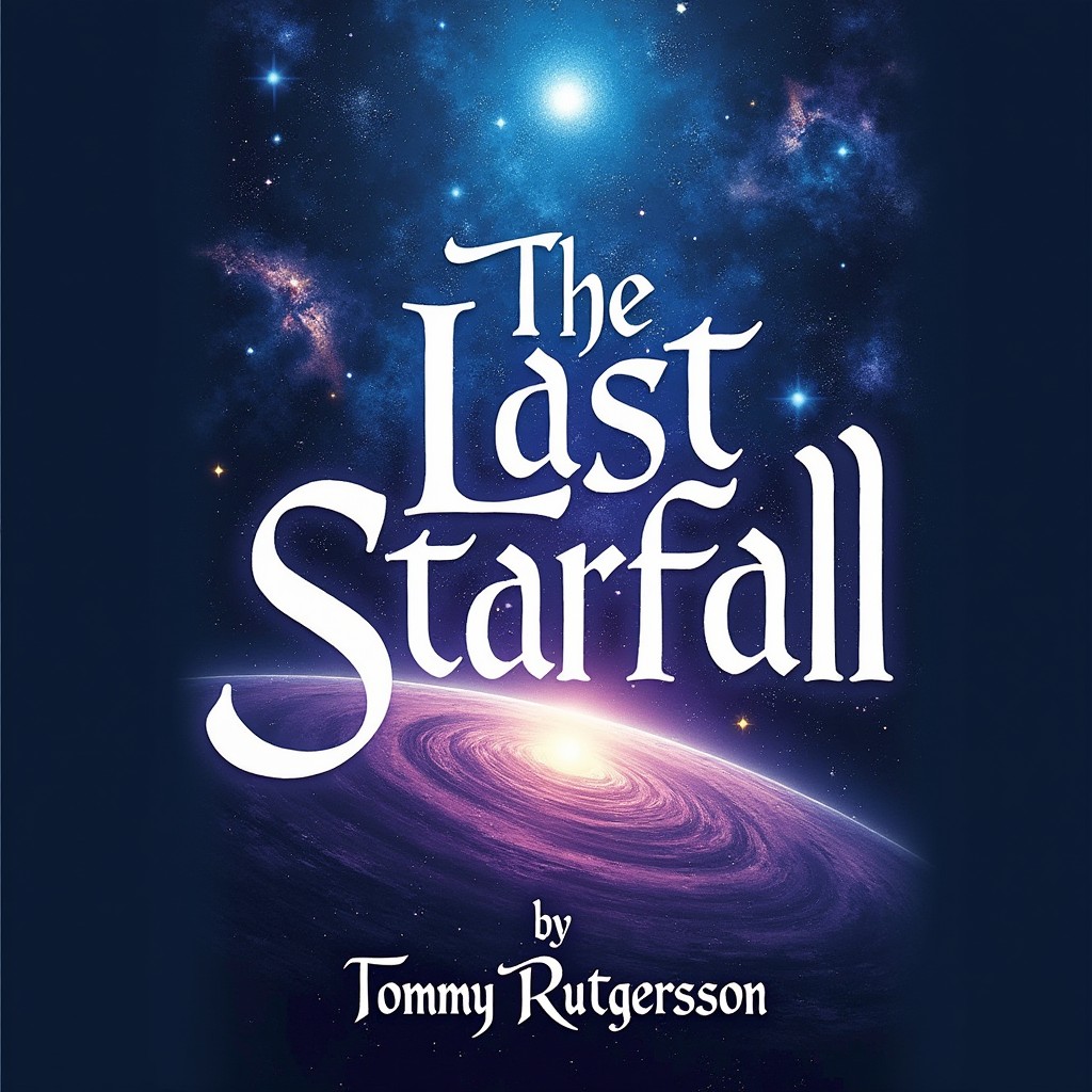 An enchanting book cover design for "The Last Starfall" showcasing a mesmerizing cosmic scene with swirling galaxies and shimmering stars