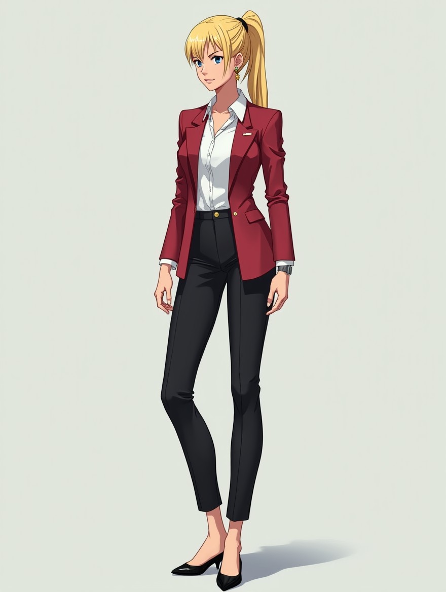 A solo, full-body depiction of a tall, stately blonde woman with straight hair styled in a high ponytail