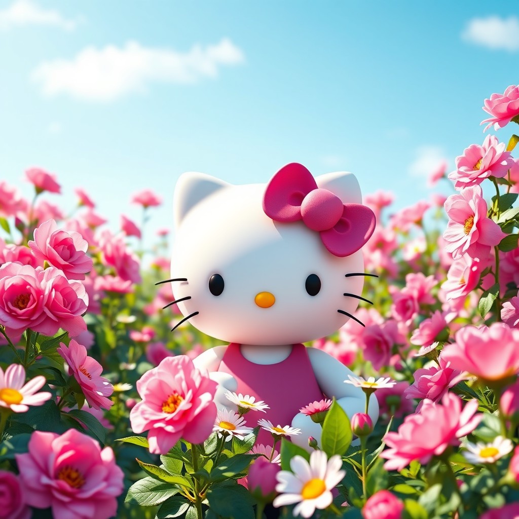 A super realistic depiction of Hello Kitty in a vibrant garden filled with lush pink flowers
