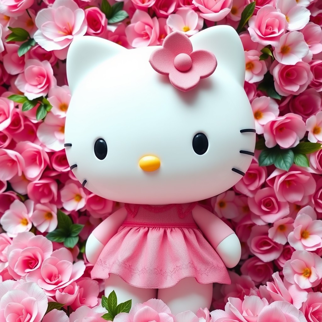 A large, super realistic Hello Kitty figure standing in front of a beautiful pink floral background filled with various shades of pink flowers