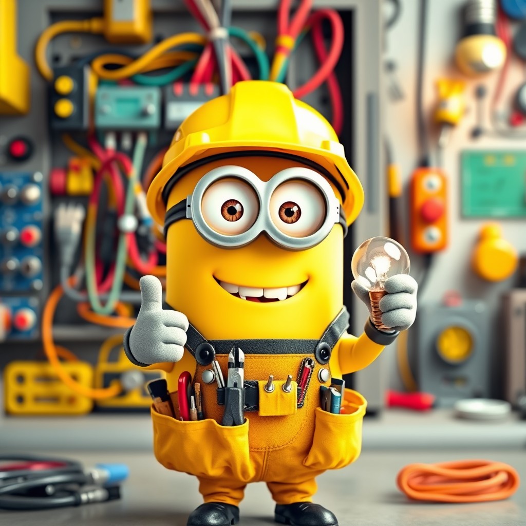 A cheerful minion dressed as an electrician, wearing a bright yellow helmet and tool belt filled with various tools like pliers and screwdrivers