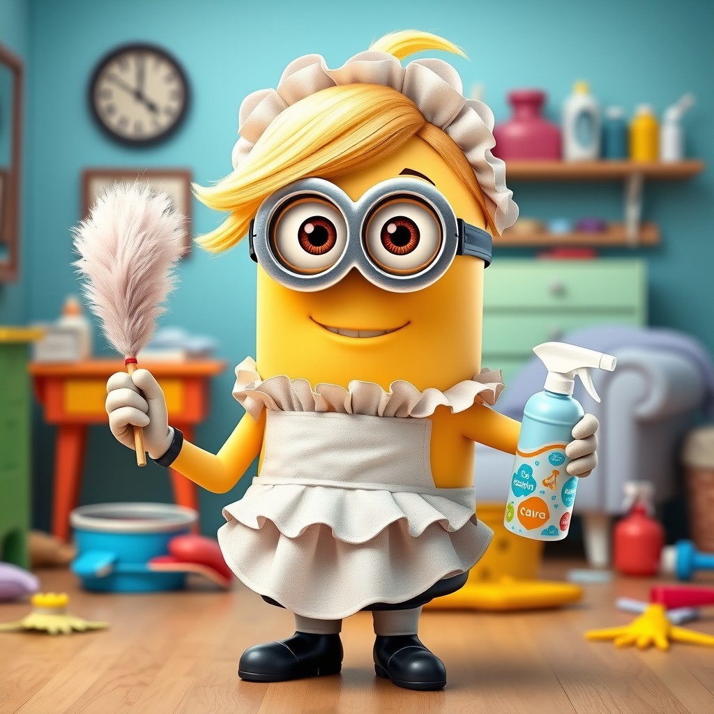 A female minion with bright blonde hair, wearing a cute maid outfit with a frilly apron, holding a feather duster in one hand and a spray bottle in the other