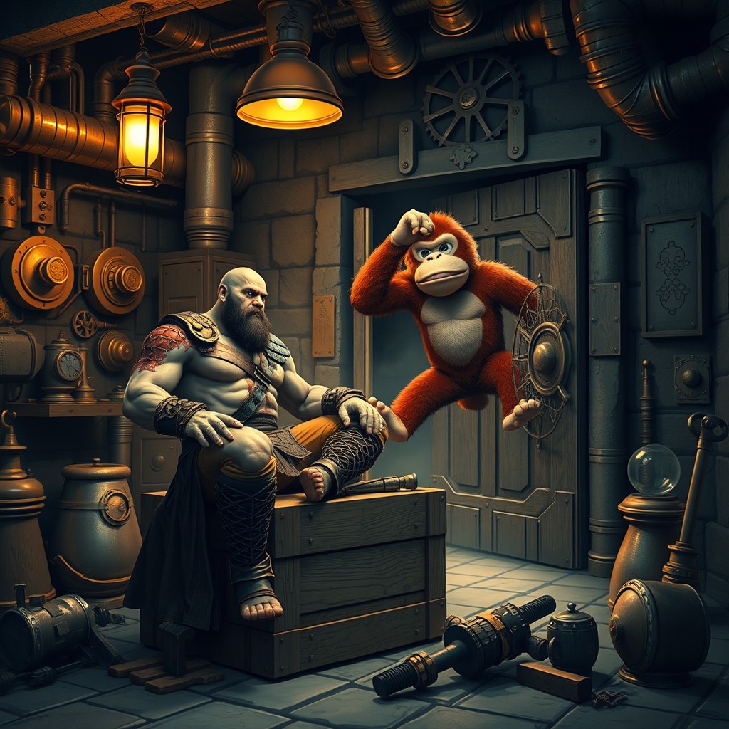In a steampunk-themed basement, Kratos, the muscular Greek god of war, sits casually on a large wooden crate