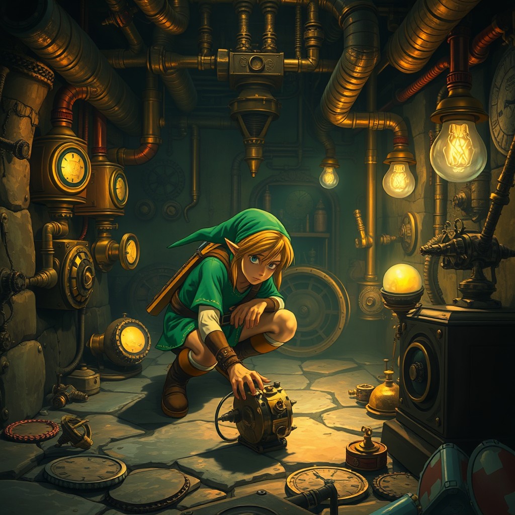 Link from The Legend of Zelda is exploring a mysterious steampunk-themed basement, filled with intricate brass machinery and shadowy corners