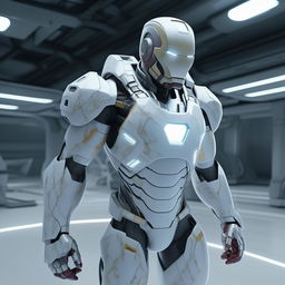 A compelling 8K resolution, 1080HP picture quality rendering of Iron Man in an all-white suit, highlighting the futuristic technology and powerful presence of the iconic Marvel superhero.