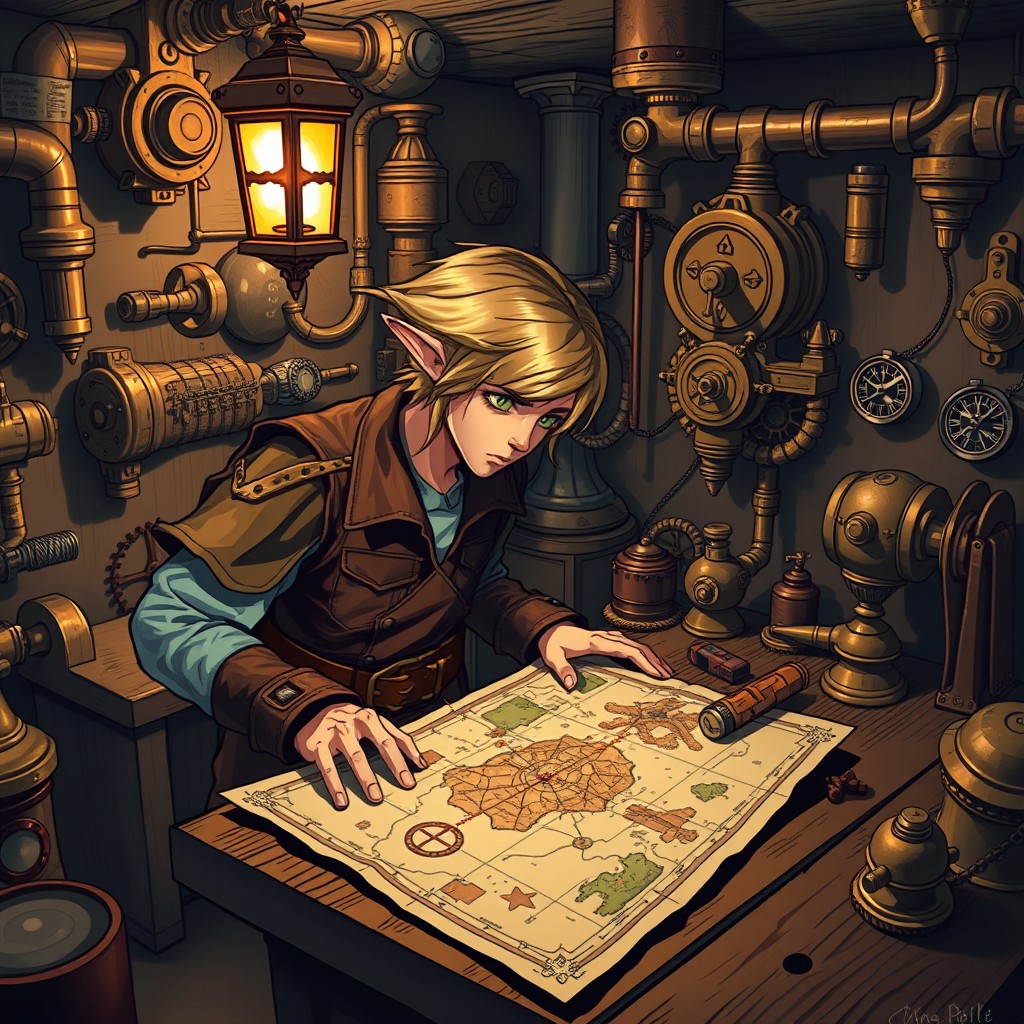 Link from The Legend of Zelda, wearing a rugged leather jacket, is searching intently in a steampunk-themed basement