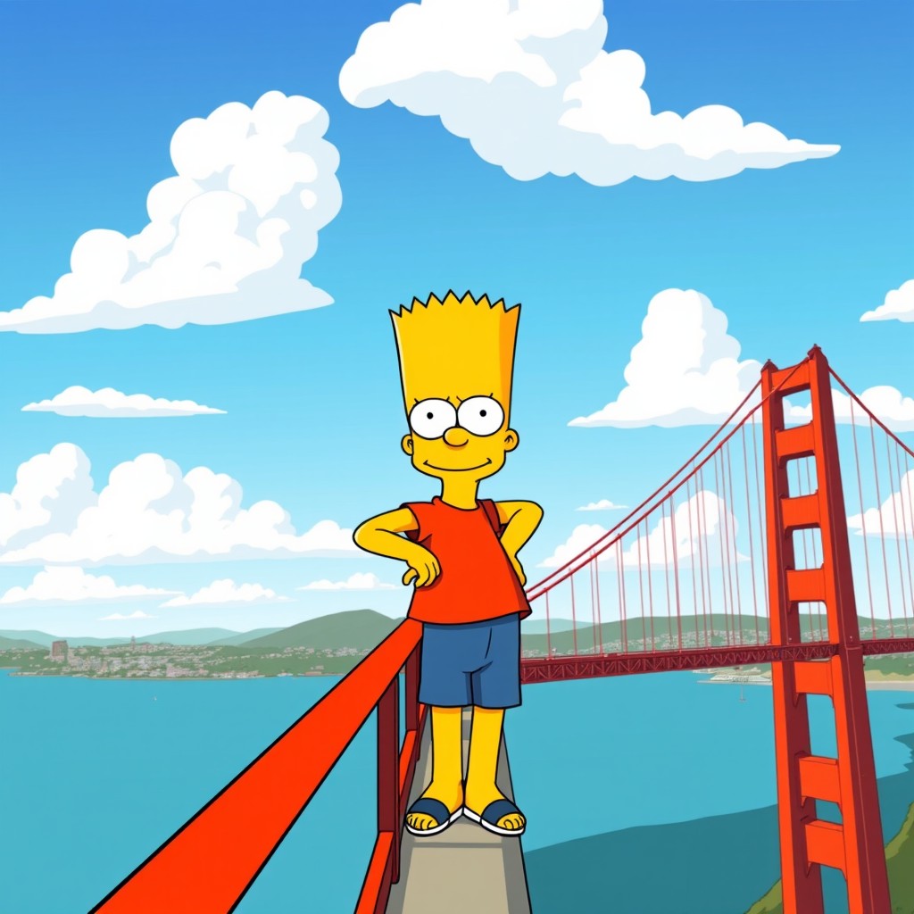 A cartoon-style illustration featuring Bart Simpson standing confidently on the Golden Gate Bridge, with his iconic spiky hair and mischievous smile