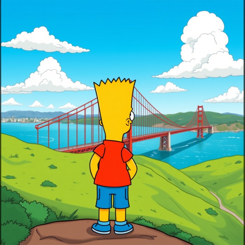 A cartoon-style illustration of Bart Simpson overlooking the Golden Gate Bridge from a scenic viewpoint