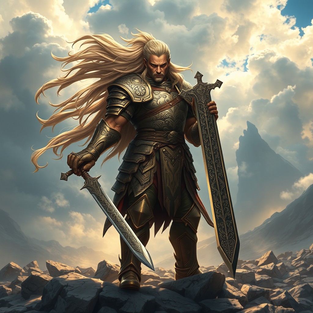 A fierce warrior standing tall on a rocky battlefield, clad in ornate armor that glistens with the reflection of the sun