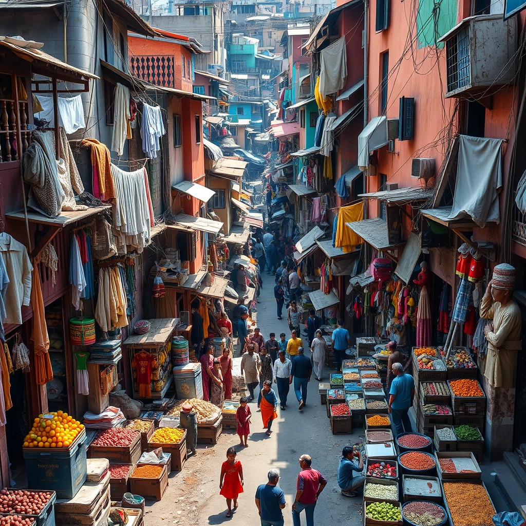 A vibrant and complex street scene in Dharavi, Mumbai, capturing the essence of the bustling slum area with colorful buildings, street vendors selling fruits and spices, intricate alleyways filled with people, and vigorous daily life