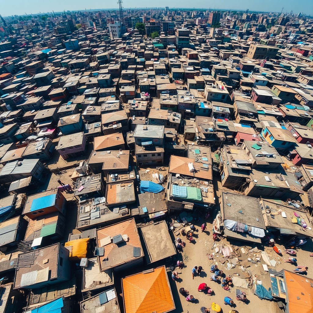 An aerial view of Dharavi, Mumbai, showcasing the intricate maze of the slum area with tightly packed, colorful homes and narrow alleyways