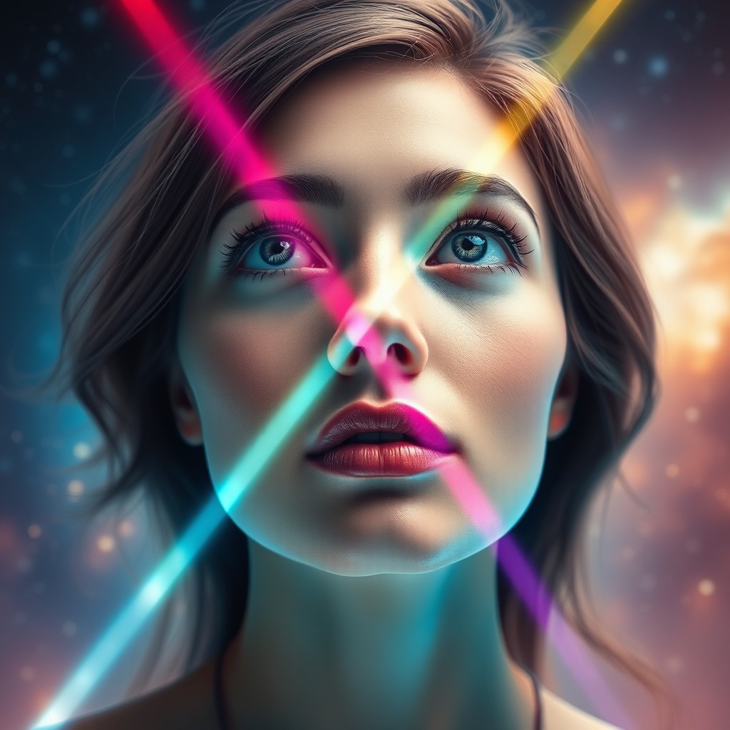 A close-up headshot of a beautiful woman's face, facing straight forward with a slight gaze upwards, expressing awe