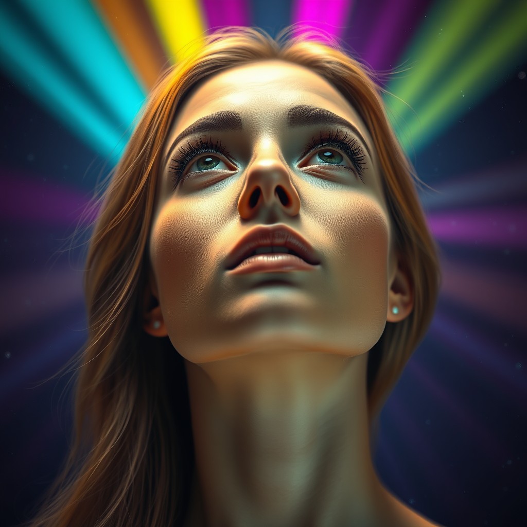 A close-up headshot of a beautiful woman's face, facing straight forward and gazing slightly upwards, filled with awe