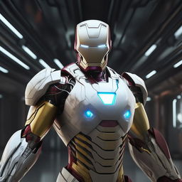 A compelling 8K resolution, 1080HP picture quality rendering of Iron Man in an all-white suit, highlighting the futuristic technology and powerful presence of the iconic Marvel superhero.