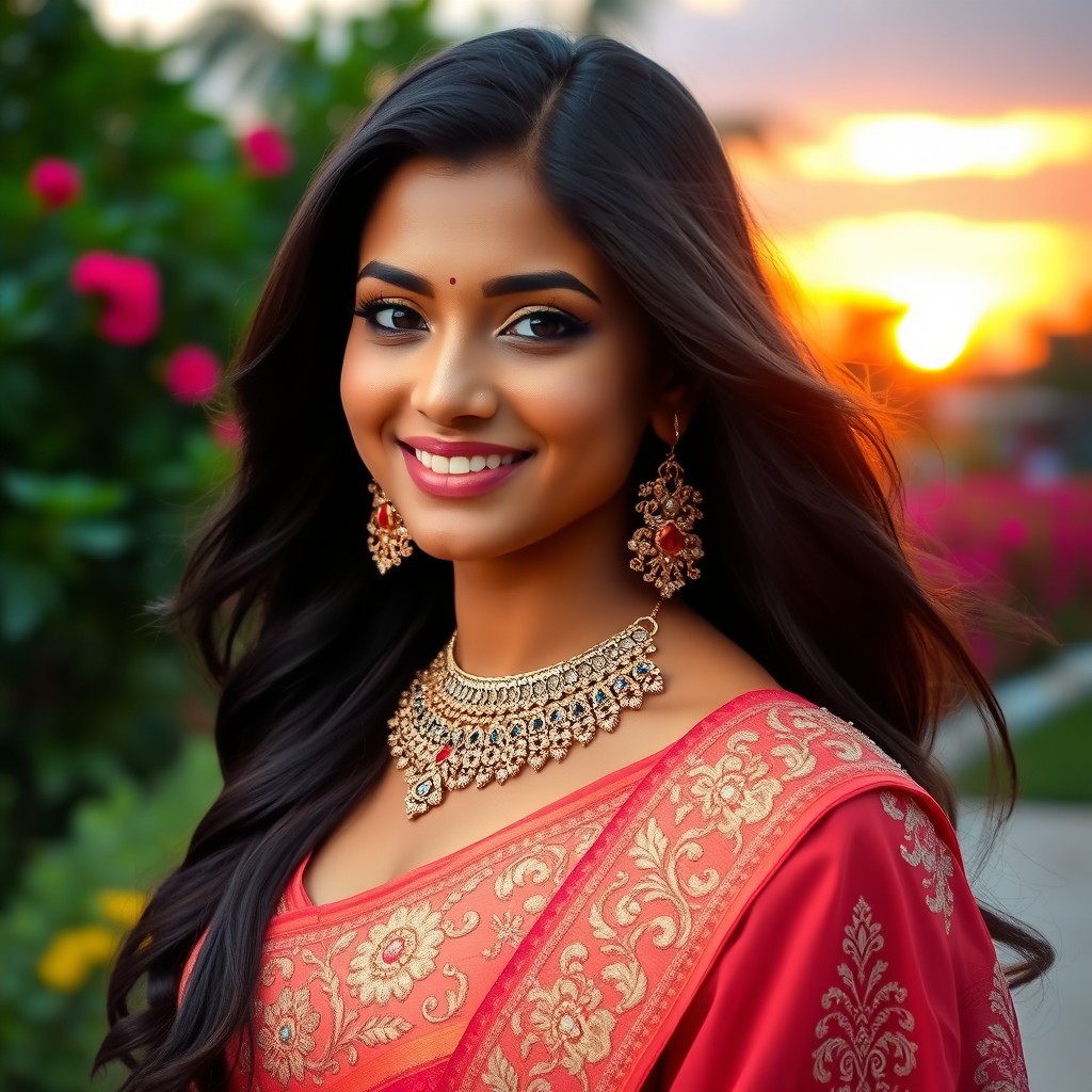 A beautiful Indian woman exuding confidence and elegance, dressed in a stunning traditional outfit adorned with intricate embroidery