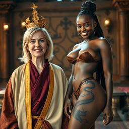 In a medieval chamber, a cheerful 50-year-old blonde woman with medium-length hair and bright blue eyes smiles warmly, wearing an elegant long Buddhist robe with golden edges and a golden crown atop her head