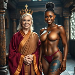 In a medieval chamber, a cheerful 50-year-old blonde woman with medium-length hair and bright blue eyes smiles warmly, wearing an elegant long Buddhist robe with golden edges and a golden crown atop her head