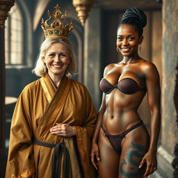 In a medieval chamber, a cheerful 50-year-old blonde woman with medium-length hair and bright blue eyes smiles warmly, wearing an elegant long Buddhist robe with golden edges and a golden crown atop her head